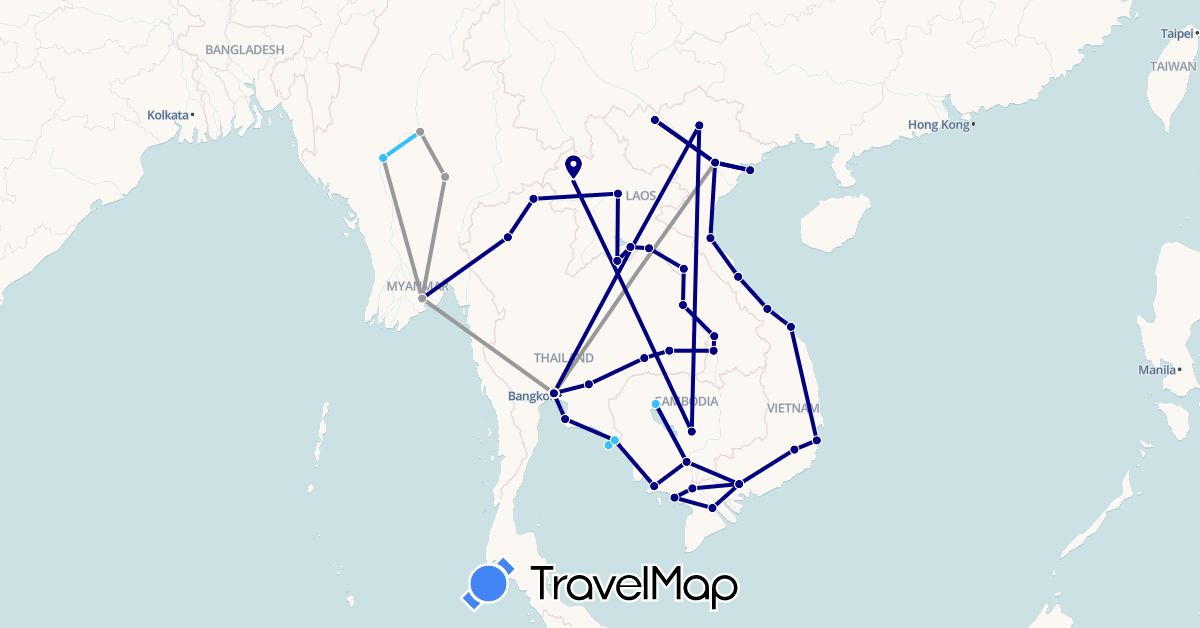 TravelMap itinerary: driving, plane, boat in Cambodia, Laos, Myanmar (Burma), Thailand, Vietnam (Asia)